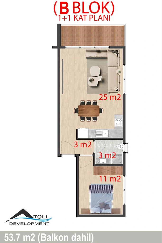 1+1 tip planı · B Blok
